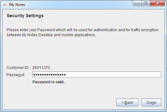 My Notes Desktop Setup Wizard - Pairing Password